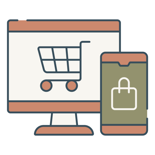 Icon of a monitor with a shopping cart and a phone with a shopping bag.
