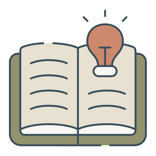Icon of an open book with a light bulb